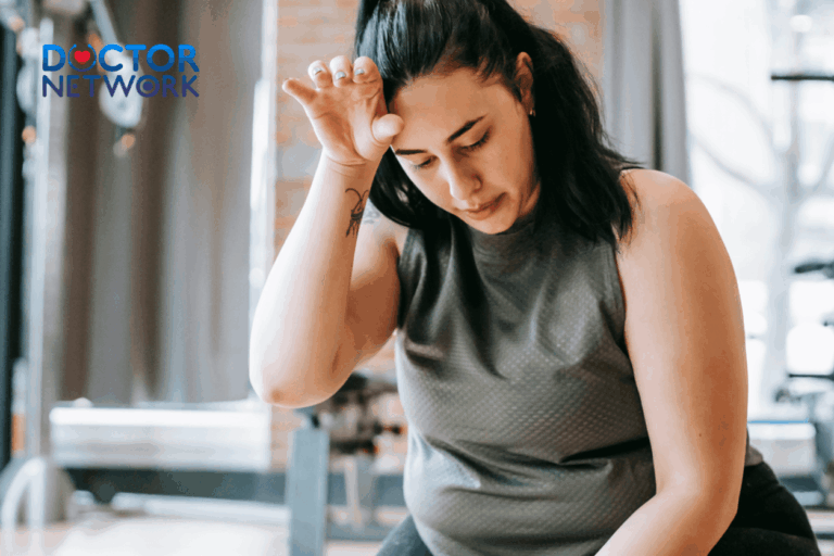 A woman looking exhausted and wiping sweat after an intense workout session at the gym, showing signs of physical fatigue.